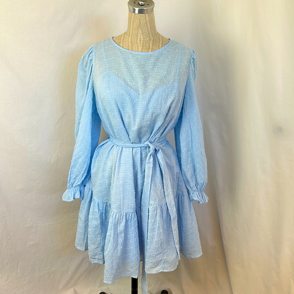 Eloquii Baby Blue Mini Dress WomensTextured cotton Ruffled Hem Sz14